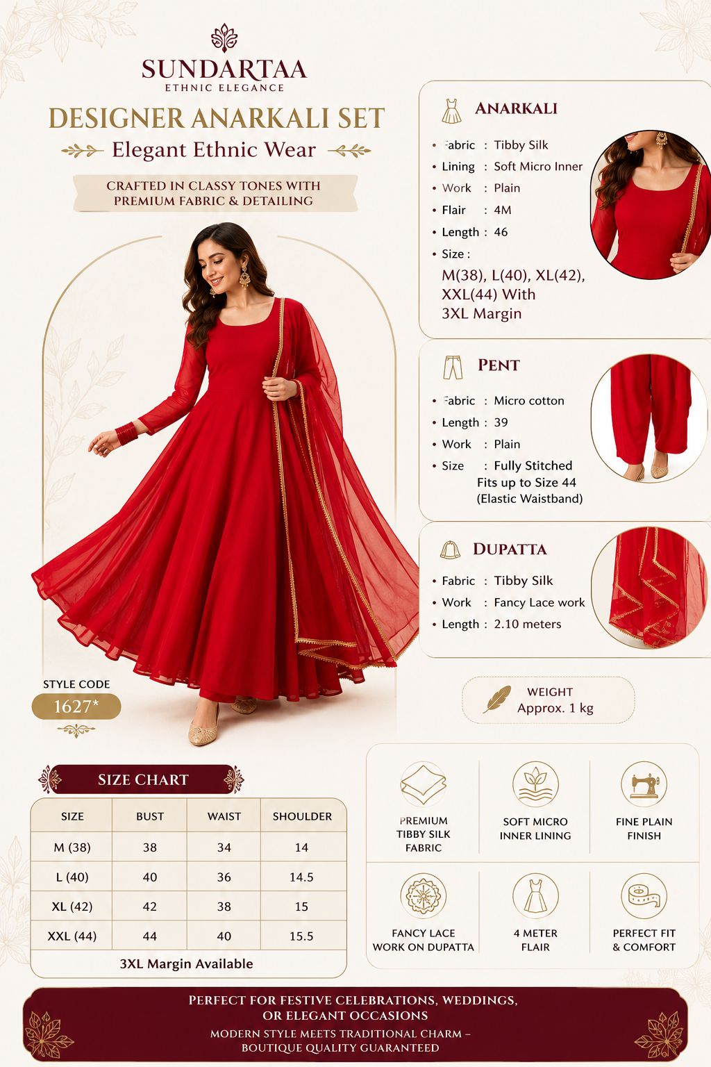Sundartaa™ Laalima Red Anarkali Set for Women | Premium Ethnic Wear with Dupatta | Wedding, Festive & Party Outfit