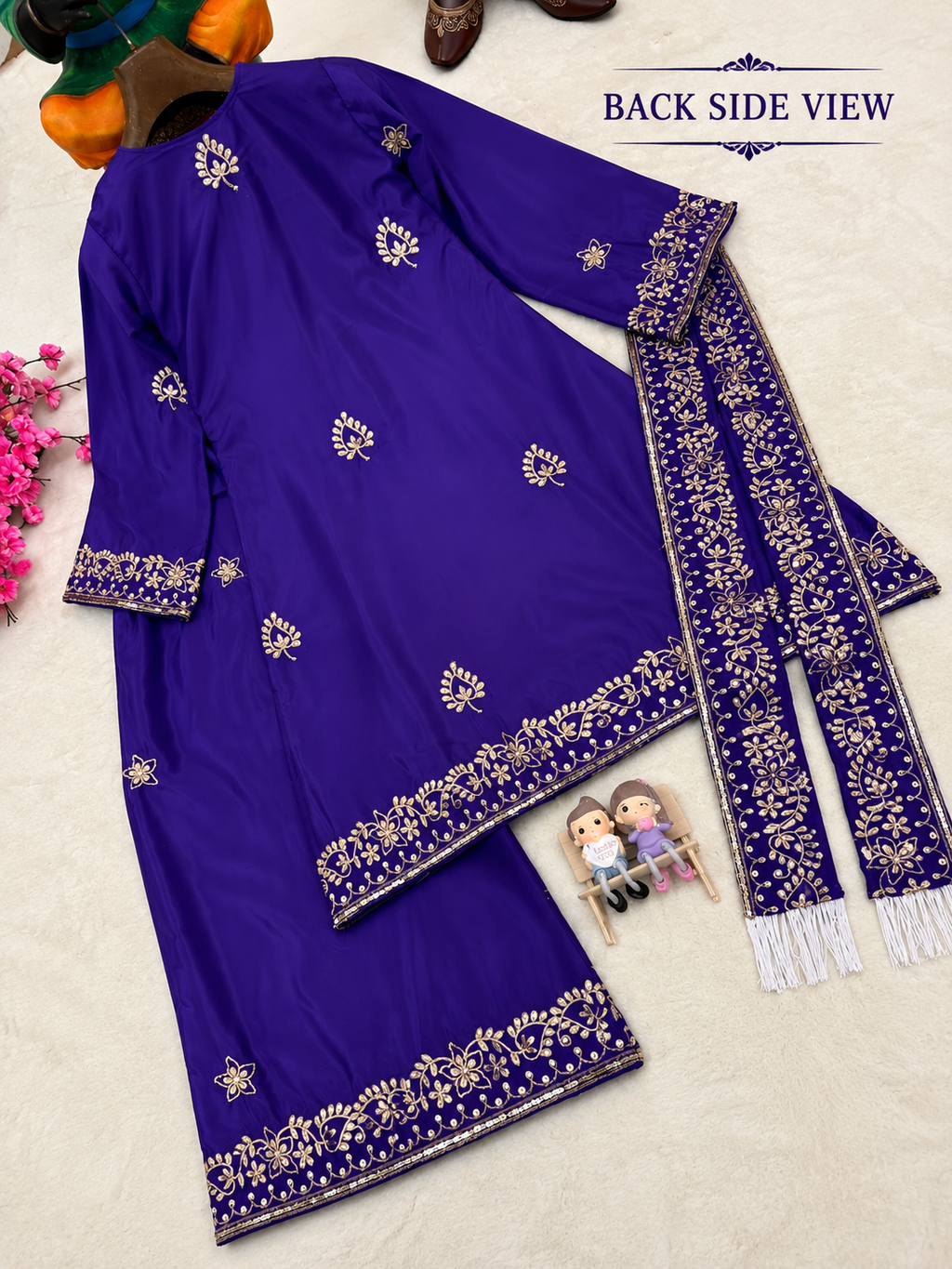 Sundartaa Women French Crepe Embroidered Kurti Palazzo Dupatta Set