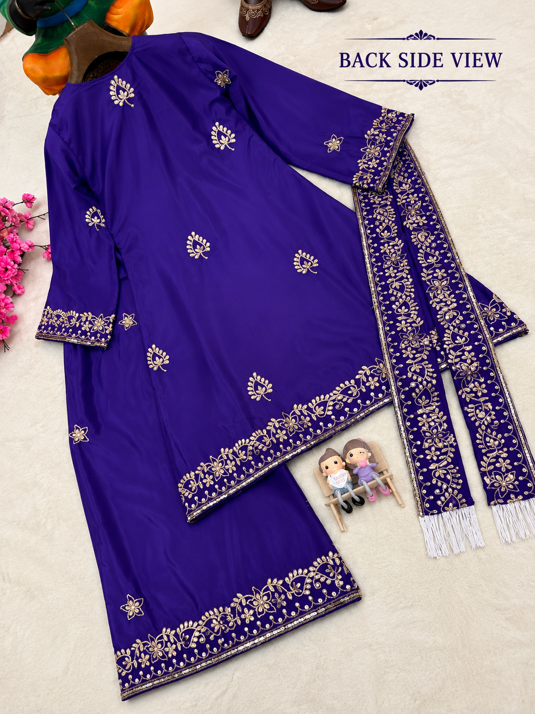 Sundartaa Women French Crepe Embroidered Kurti Palazzo Dupatta Set