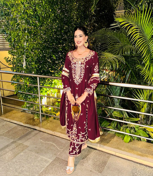 Wine Embroidered Kurta Set for Women with Dupatta Party Wear Pakistani Style Suit By SUNDARTAA