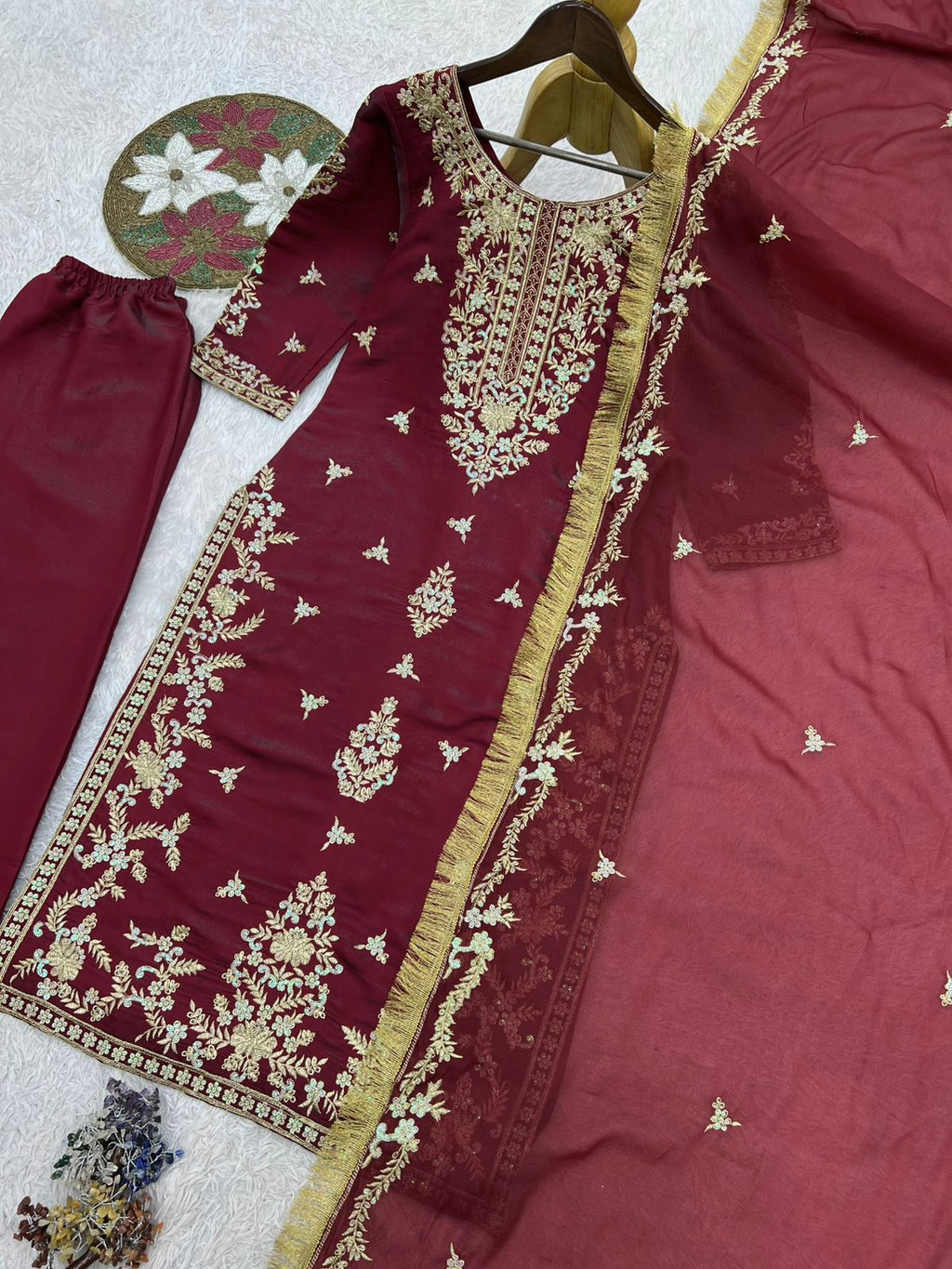 Wine Embroidered Kurta Set for Women with Dupatta Party Wear Pakistani Style Suit By SUNDARTAA