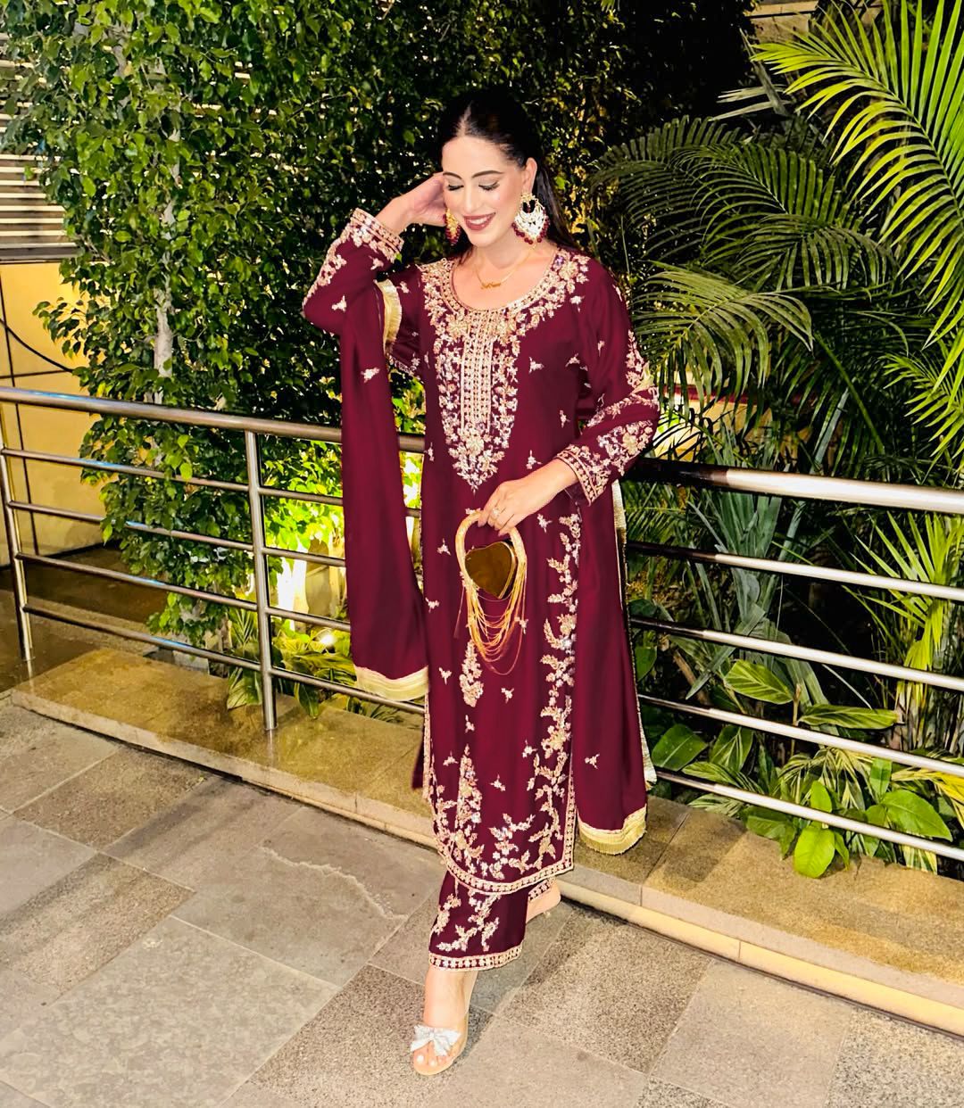 Wine Embroidered Kurta Set for Women with Dupatta Party Wear Pakistani Style Suit By SUNDARTAA
