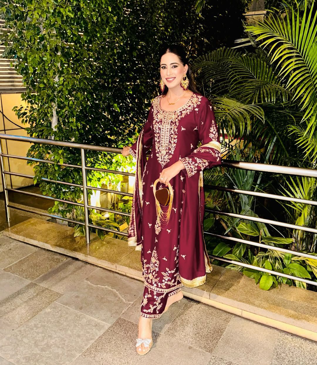 Wine Embroidered Kurta Set for Women with Dupatta Party Wear Pakistani Style Suit By SUNDARTAA