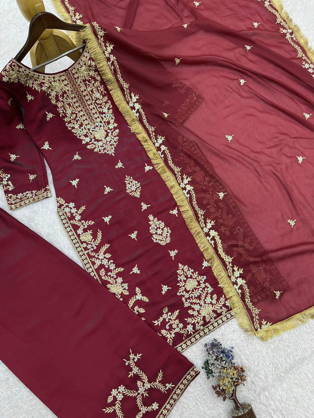 Wine Embroidered Kurta Set for Women with Dupatta Party Wear Pakistani Style Suit By SUNDARTAA