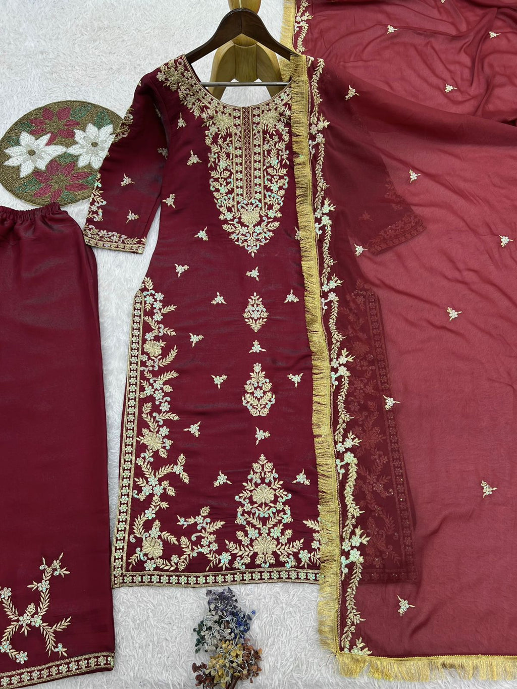 Wine Embroidered Kurta Set for Women with Dupatta Party Wear Pakistani Style Suit By SUNDARTAA