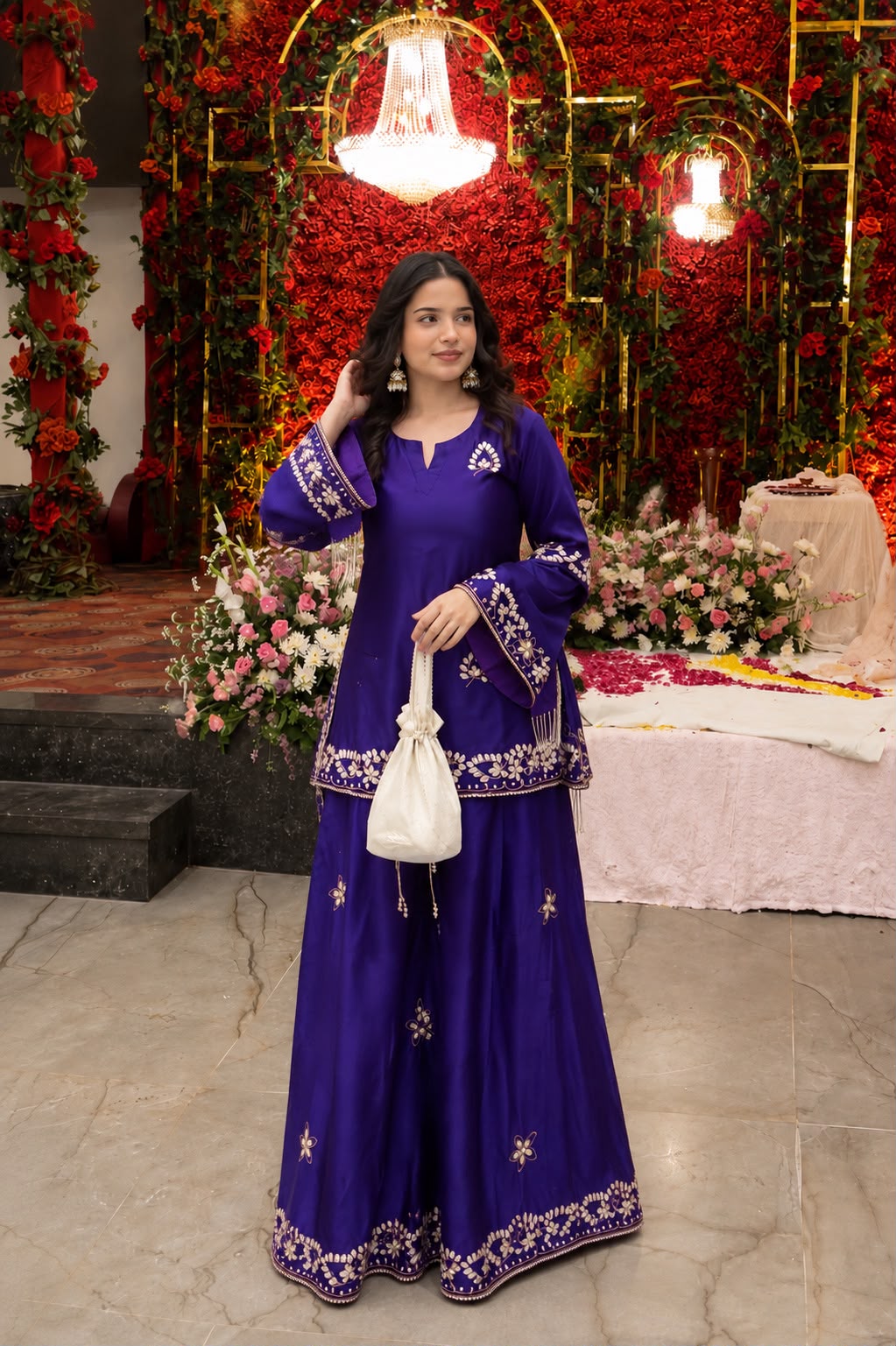 Sundartaa royal purple French crepe kurti with gold zari embroidery and matching palazzo dupatta set