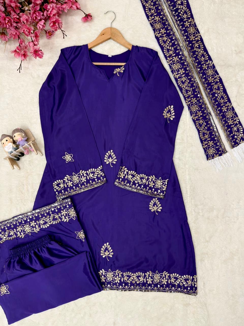Sundartaa Women French Crepe Embroidered Kurti Palazzo Dupatta Set