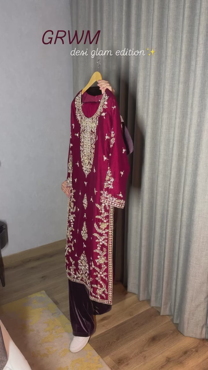 Wine Embroidered Kurta Set for Women with Dupatta Party Wear Pakistani Style Suit By SUNDARTAA