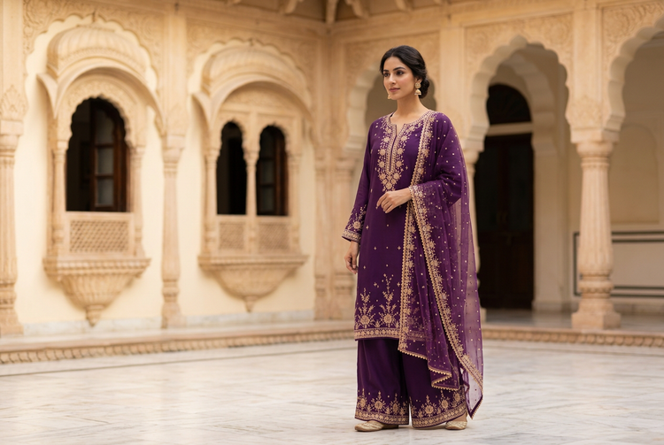 Sundartaa Women French Crepe Embroidered Kurti Palazzo Dupatta Set